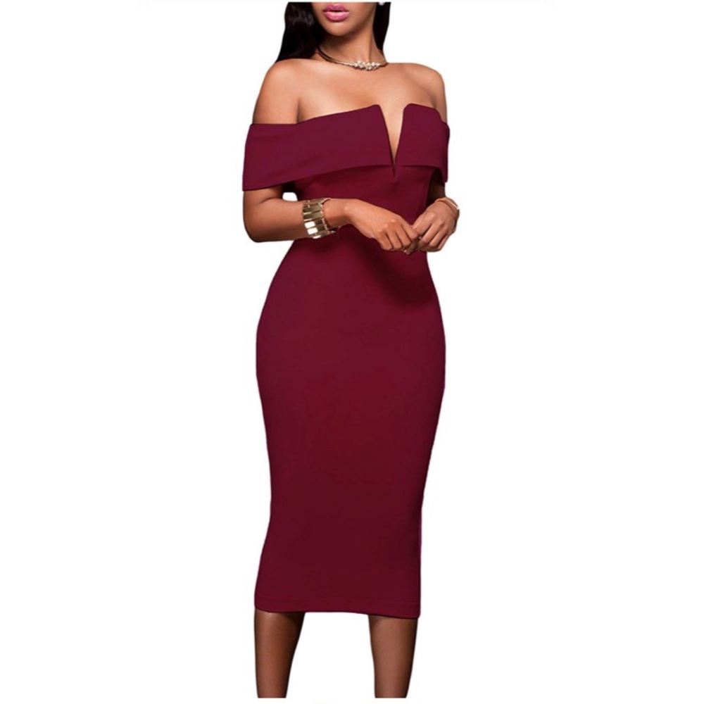 Burgundy Off The Shoulder Bodycon Midi Dress